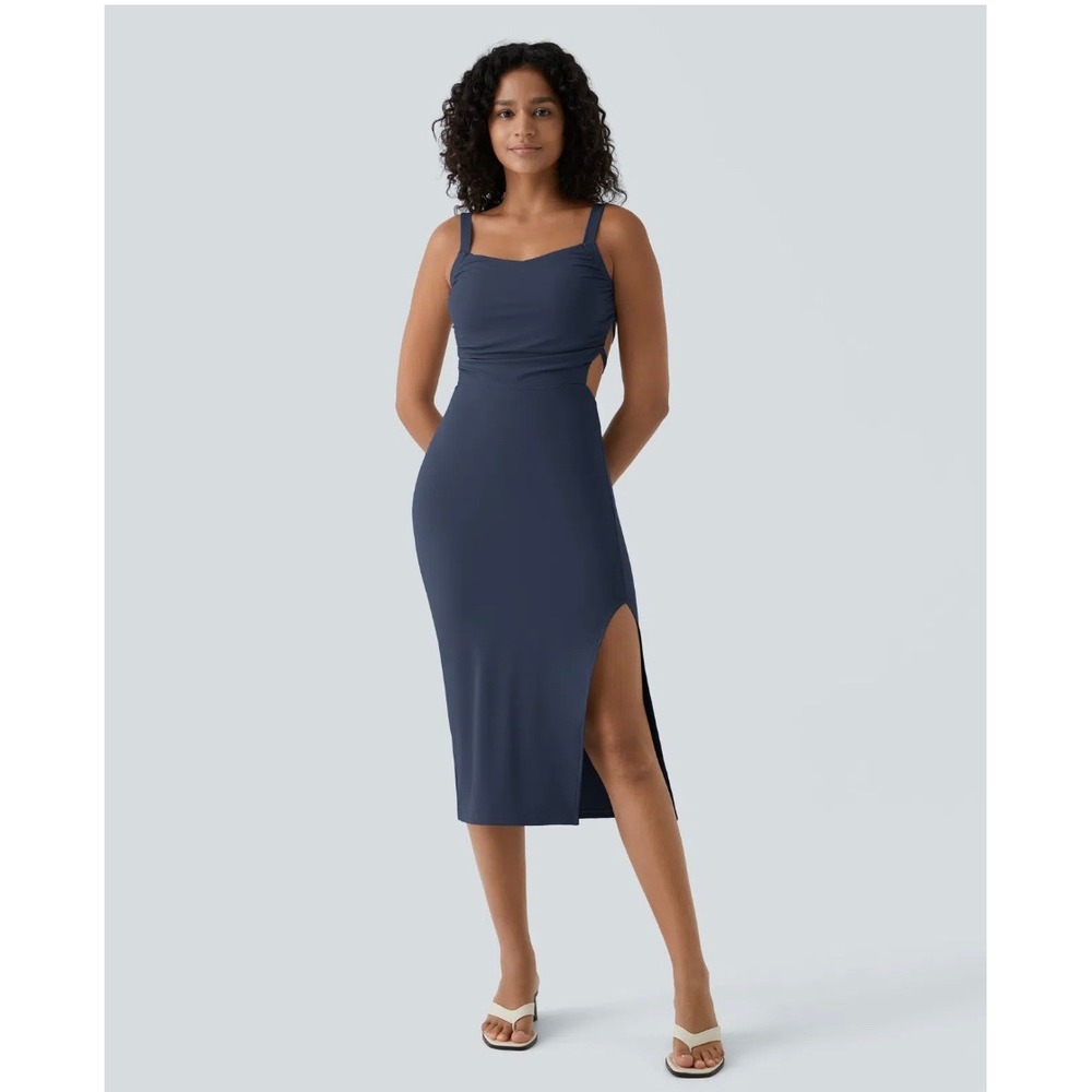 Halara Women's Navy Blue Ruched Midi Dress Strappy Lace Up Back Side Slit Size M